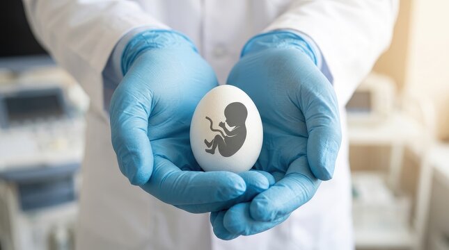 A doctor holds a human embryo in their gloved hands. The embryo is displayed on a white surface, likely a medical examination table.