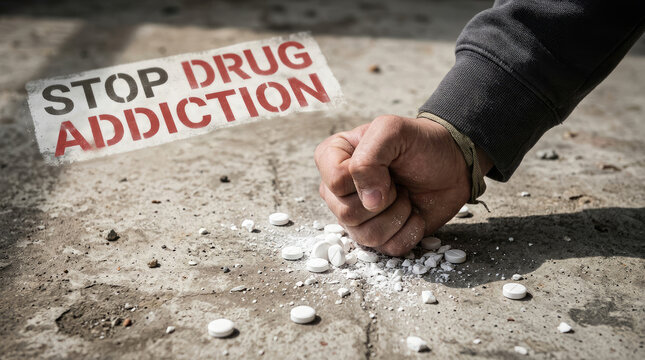 A person's hand forcefully crushes a pile of white pills onto a concrete surface. The text "STOP DRUG ADDICTION" is prominently displayed above the image.
