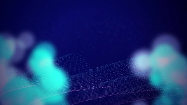 Glowing bokeh light spheres drift over waving particle grids in a seamless loop