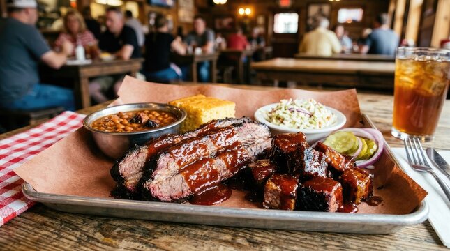 A close-up shot of a large rack of barbecue ribs, glistening with barbecue sauce, sits on a wooden table.