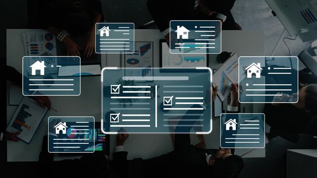 Business meeting collaboration with digital data analysis and property listing presentation using modern technology for real estate professionals Gluon.