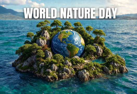 Beautiful world nature day celebration with globe on green island in ocean scene