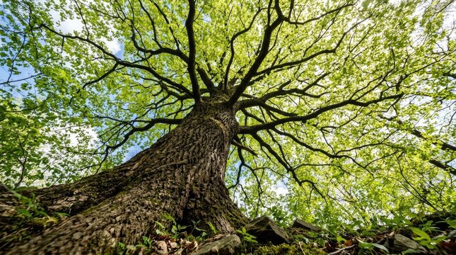 A towering tree dominates the frame, viewed from a low angle. The tree&rsquo;s massive trunk and thick branches reach upwards towards a bright blue sky dotted with fluffy white clouds.