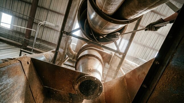 A low-angle shot captures a large, industrial pipe system within a cavernous, weathered warehouse. The pipes, painted in a dull metallic brown, rise vertically, supported by a metal framework.