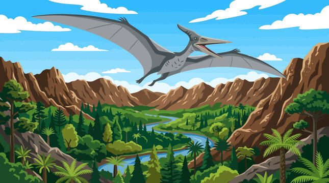 A pterodactyl flies over a lush prehistoric landscape featuring mountains and a winding river under a bright blue sky.