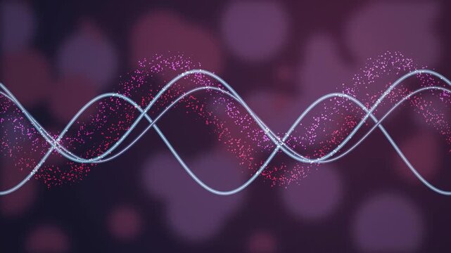 Glowing glass sine wave lines flow with purple particles in a seamless loop