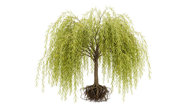 Weeping willow tree with visible root system, green foliage of salix babylonica, botanical specimen for landscaping and environmental design isolated PNG with Transparent Background