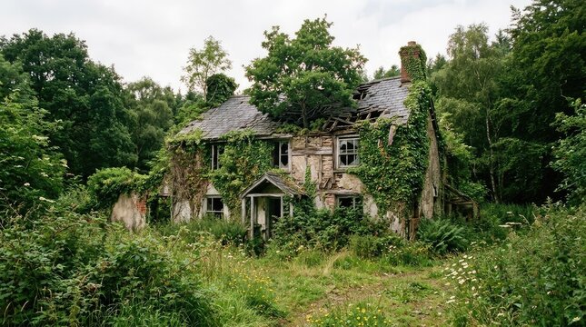 An overgrown, dilapidated house stands amidst a wild, green landscape. The weathered structure features a crumbling facade, broken windows, and a moss-covered roof.