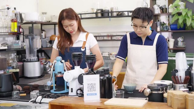 Baristas preparing coffee and matcha beverages for customers at cafe counter, professional drink preparation, specialty coffee and tea shop service, small business hospitality food service industry