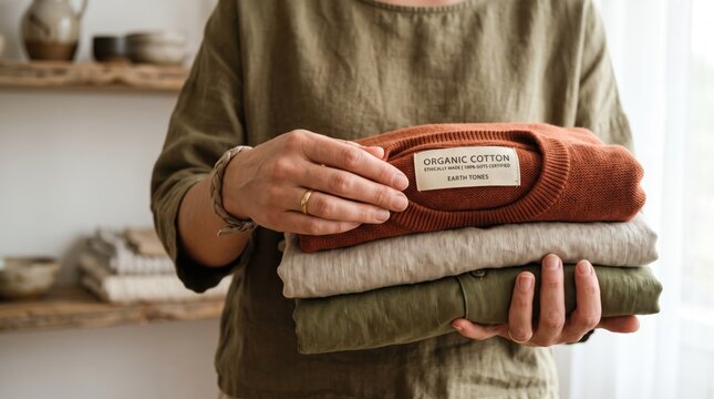 Close up of woman holding stack of folded organic cotton sweaters in earth tones, sustainable fashion, eco-friendly clothing label visible, natural fabrics for autumn winter
