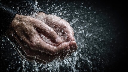 Fototapeta premium Close-Up of Hands Catching Water Droplets on Dark Background