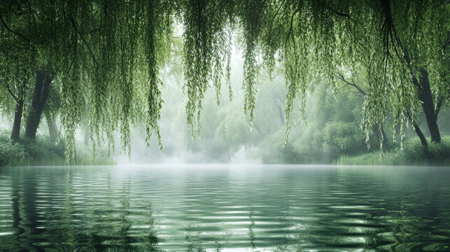 Lakeside willows in the mist