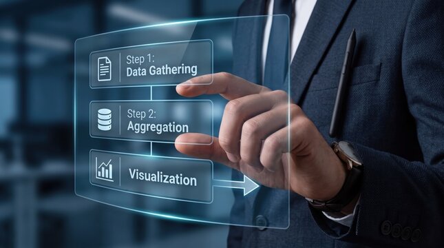 Businessman interacting with holographic interface showing data gathering aggregation and visualization steps, modern corporate workflow process for analytics management