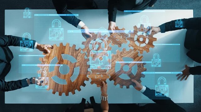 Collaborative Business Team Working on Digital Security Strategies with Gears and Technology Icons, Symbolizing Innovation and Cooperation in the Workplace. Entropy.