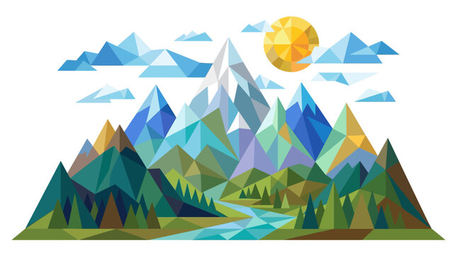 A colorful geometric illustration of a mountain range with a river