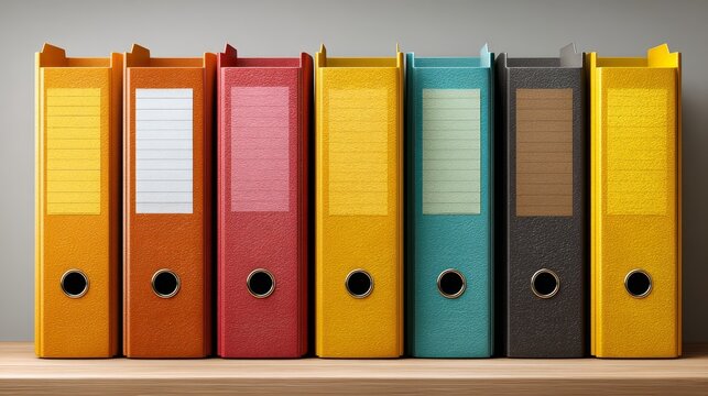 Colorful row of upright ring binders and file folders on a shelf, organized office stationery and archive storage concept