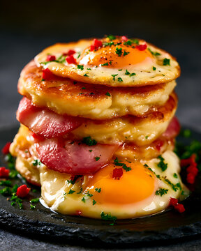 Stack of pancakes with fried eggs and ham on a dark plate