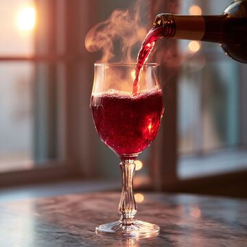 Red wine being poured into a glass with swirling vapor