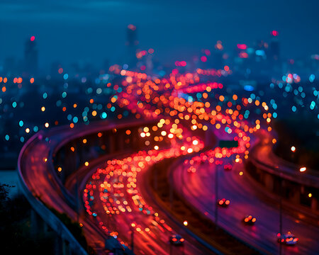 Traffic trails at night with city skyline in the background
