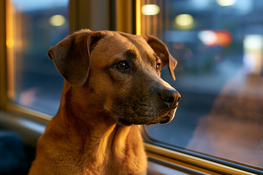 Brown dog looking through a train window