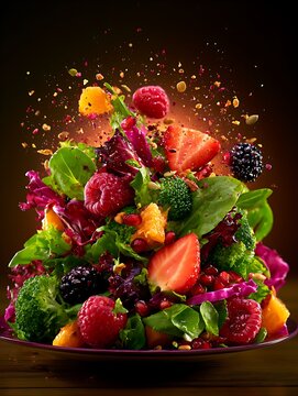 Colorful fruit and vegetable salad with ingredients bursting upward