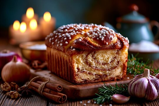 Glazed cinnamon swirl loaf with sesame seeds on a rustic table