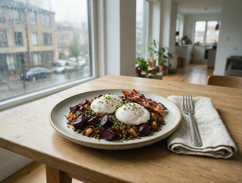 Breakfast plate with poached eggs, lentils, beetroot, and bacon