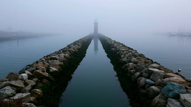 Foggy harbor breakwater leading to a lighthouse