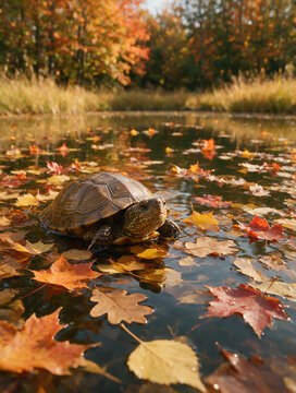 Turtle peeking above calm water in an autumn pond