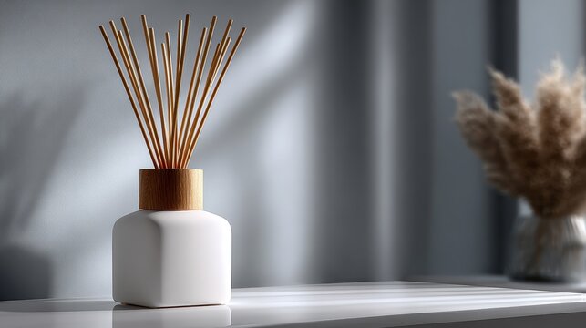 Aromatic reed diffuser with golden cap and sticks casting soft shadow on sunlit surface, creating calm spa ambiance and cozy home fragrance decor