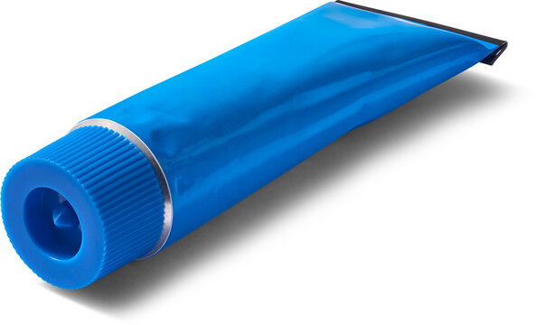 blank blue metal tube isolated white background, unbranded packaging container with ribbed plastic cap, mock-up template in close-up view