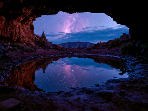 Uluru under a starry night sky reflecting in water at twilight