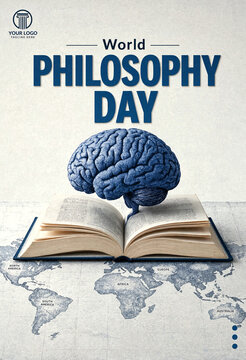 Creative world philosophy day poster with brain on book and global map design concept