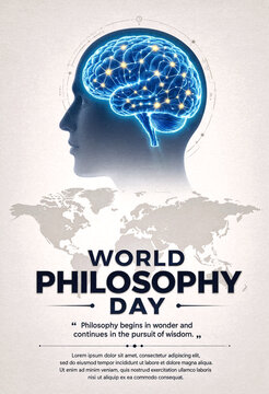 Creative world philosophy day poster with glowing brain and global map illustration design