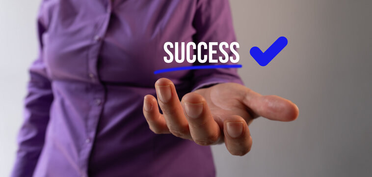Hand offers success with a bold blue check mark