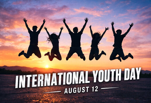 Group of happy young people jumping at sunset celebrating international youth day together joyfully
