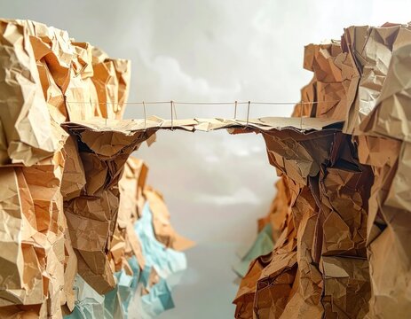 Fragile rope bridge between mountains made of crumpled paper.