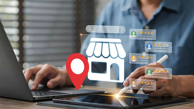 Local business marketing online using digital tools to enhance customer reviews and visibility through a map marker and store icon