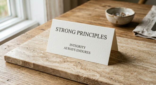 A White Card Displaying 'Strong Principles Integrity Always Endures' on a Travertine Slab