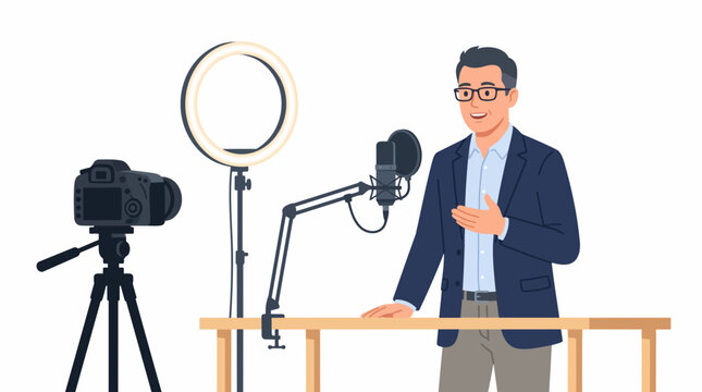 Content Creation Setup: A man stands at a desk with a camera and microphone, illuminated by a ring light, ready to record a video or podcast.
