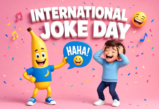 Happy international joke day celebration with cartoon boy and laughing banana character having fun together