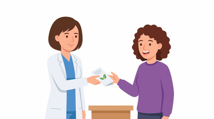 Obraz premium Medical Consultation: A compassionate doctor in a white lab coat hands a pamphlet with a leaf symbol to a patient with curly hair, symbolizing healthy advice or information.