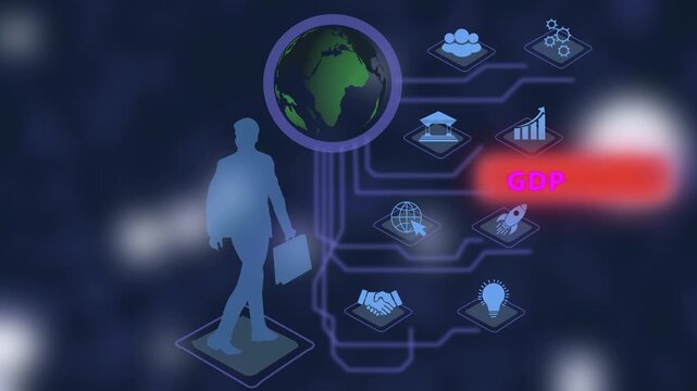Digital infographic animation featuring a businessman silhouette connected to a global brain network and economic growth representing gdp analysis, financial strategy, and corporate data