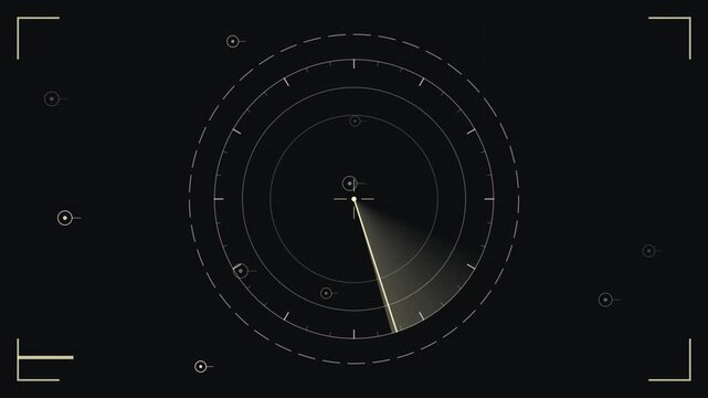 HUD radar screen interface with scanning beam and target icons on dark background, futuristic technology concept