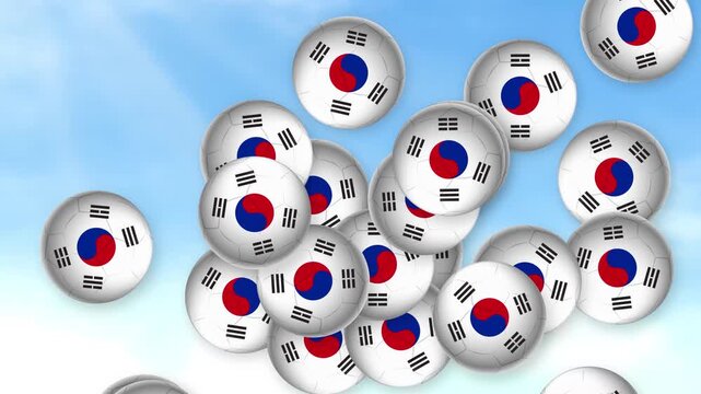 Falling Soccer Balls with South Korea Flag Pattern Against Cloudy Sky
