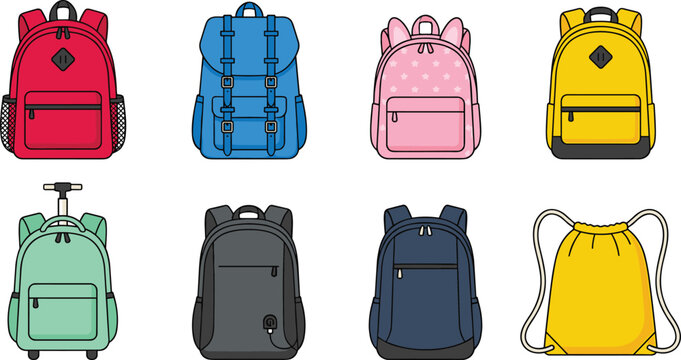 Colorful School Backpacks and Travel Bags Vector Icon Set Featuring Rucksacks, Rolling Luggage, and Drawstring Bag for Education and Travel Designs