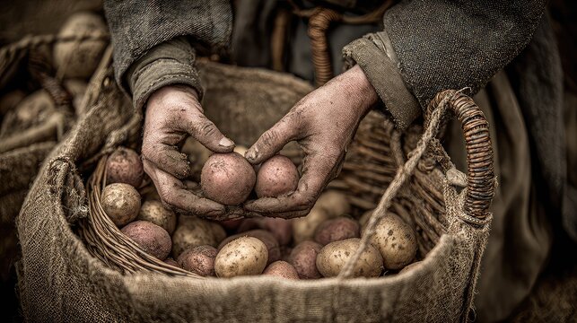 Hands of a Farmer Holding Fresh Potatoes in a Rustic Basket
