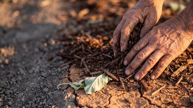 Weathered hands spread organic mulch and wood chips over dry cracked soil in a garden