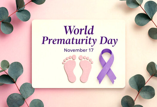 World prematurity day awareness poster with baby footprints and purple ribbon design