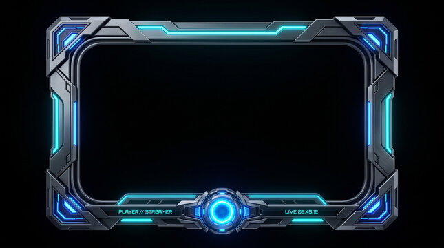 Futuristic gaming webcam overlay frame with neon blue glowing lights and metallic scifi design